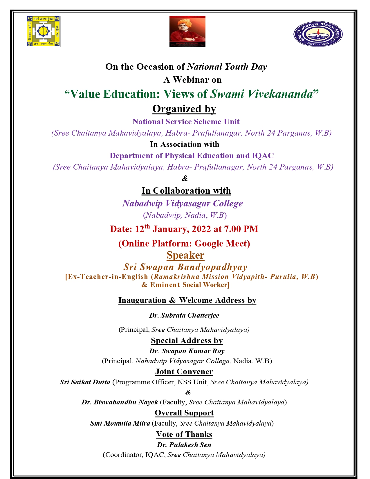 On the Occasion of National Youth Day, A Webinar on- “Value Education: Views of Swami Vivekananda” on 12/01/2022